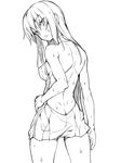  aiz_wallenstein back backless_outfit bare_back bare_shoulders breasts butt_crack covered_nipples cowboy_shot dungeon_ni_deai_wo_motomeru_no_wa_machigatteiru_darou_ka greyscale highres long_hair looking_at_viewer medium_breasts monochrome open_mouth redcomet sideboob simple_background sleeveless solo sweat white_background 