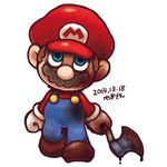  artist_name axe blood blue_eyes brown_footwear dated facial_hair ghost-pepper gloves hat lowres male_focus mario mario_(series) mustache overalls shoes solo super_mario_bros. weapon white_gloves 