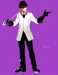  bad_id bad_pixiv_id black_footwear black_gloves black_pants bowler_hat cane cravat dated finger_gun full_body gloves hair_over_one_eye hat jacket male_focus pants pointing purple_background roman_torchwick rwby shoes signal_m solo white_jacket 