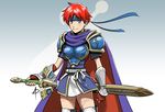  armor blue_armor blue_eyes breastplate breasts daniel_macgregor fingerless_gloves fire_emblem fire_emblem:_fuuin_no_tsurugi genderswap genderswap_(mtf) gloves headband medium_breasts pauldrons red_hair reverse_grip roy_(fire_emblem) short_hair solo super_smash_bros. sword thighhighs tunic vambraces weapon 