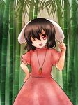  animal_ears bamboo bamboo_forest black_hair bunny_ears carrot_necklace cowboy_shot dress forest hand_on_hip hand_up head_tilt inaba_tewi index_finger_raised jewelry koto_(shiberia39) looking_at_viewer nature one_eye_closed open_mouth pendant pink_dress red_eyes short_hair solo touhou 