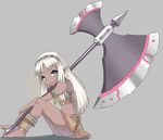  :&lt; ankle_wrap axe bandeau barefoot battle_axe blue_eyes dark_skin earrings elf from_side grey_background hairband huge_weapon jewelry legs long_hair lonwi21 looking_at_viewer midriff necklace original pointy_ears simple_background sitting skirt solo tribal weapon white_hair 