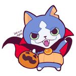  cape cat cowl dated fangs gabunyan ghost-pepper green_sclera halloween haramaki jack-o'-lantern long_fangs looking_at_viewer lowres no_humans notched_ear open_mouth pumpkin simple_background solo vampire white_background youkai youkai_watch youkai_watch_2 