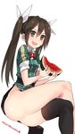  :d ass black_legwear black_skirt blush bow bowtie brown_eyes brown_hair crossed_legs dated eating food food_on_face fruit hair_between_eyes hair_ribbon highres holding kantai_collection kuro_chairo_no_neko legs long_hair long_skirt open_mouth paw_print pelvic_curtain remodel_(kantai_collection) ribbon seed short_sleeves side_slit simple_background single_thighhigh sitting skirt smile solo thighhighs thighs tone_(kantai_collection) twintails twitter_username v-shaped_eyebrows watermelon white_background white_ribbon 