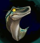  2015 blue_(tawnix) blue_skin dinosaur female feral grinding headshot_portrait looking_back portrait raptor slit_pupils solo tawnix teeth white_skin yellow_eyes 