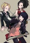  2girls black_eyes black_hair boku_no_hero_academia breasts choker cleavage facial_mark fingerless_gloves gloves headphones jirou_kyouka kaminari_denki knife large_breasts long_hair long_sleeves multiple_girls open_mouth plug ponytail shina_000 short_hair yaoyorozu_momo 