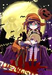  ayase_eli blonde_hair blue_eyes boots bow braid commentary_request demon_horns demon_tail demon_wings elbow_gloves fake_horns gloves green_eyes hair_bow hairband halloween hand_on_another's_head hat hat_ribbon horns jack-o'-lantern knee_boots lap_pillow looking_at_viewer love_live! love_live!_school_idol_festival love_live!_school_idol_project moon multiple_girls purple_hair ribbon shipii_(jigglypuff) sitting skirt smile striped striped_gloves striped_legwear tail thighhighs toujou_nozomi twin_braids wings witch_hat 