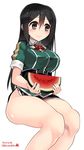  bare_legs black_hair blush bow bowtie breasts brown_eyes chikuma_(kantai_collection) dated food fruit highres invisible_chair kantai_collection kuro_chairo_no_neko large_breasts long_hair pelvic_curtain puffy_short_sleeves puffy_sleeves remodel_(kantai_collection) short_sleeves sitting smile solo thighs twintails twitter_username watermelon white_background 