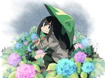  :&gt; alternate_eye_color asui_tsuyu black_hair boku_no_hero_academia flower green_eyes green_skirt hair_rings holding holding_umbrella hydrangea leaf long_hair long_sleeves low-tied_long_hair pleated_skirt rain school_uniform skirt smile solo squatting sutores741 u.a._school_uniform umbrella 