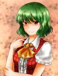 ascot floral_background gradient gradient_background green_hair hand_on_own_chest hand_on_own_elbow kazami_yuuka koto_(shiberia39) looking_at_viewer open_clothes open_vest pink_background plaid plaid_vest red_eyes short_hair smile solo touhou upper_body vest 