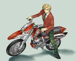  androgynous bishoujo_senshi_sailor_moon blonde_hair formal ground_vehicle kamen_rider kamen_rider_blade_(series) kanbe_c motor_vehicle motorcycle mugen_gakuen_school_uniform necktie pants plaid plaid_pants red_rhombus_(bike) shadow short_hair sitting solo striped striped_neckwear suit ten'ou_haruka tomboy very_short_hair 