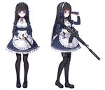  assault_rifle black_hair black_legwear glasses gun handgun highres holding holding_gun holding_weapon long_hair maid multiple_views original pantyhose pistol purple_eyes qbz-03 qsz-92 rifle simple_background trigger_discipline weapon yuri_shoutu 