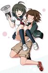  1girl ahoge asahina_yuuta brown_hair carrying closed_eyes danganronpa megaphone naegi_komaru nanasaki princess_carry school_uniform serafuku short_hair skirt zettai_zetsubou_shoujo 