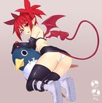  ass bat_wings belt boots demon_girl disgaea earrings elbow_gloves etna gloves jewelry kuroonehalf makai_senki_disgaea microskirt panties pointy_ears prinny red_eyes red_hair red_wings simple_background skirt solo tail thighhighs tongue tongue_out twintails underwear white_panties wings 