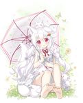  animal animal_ears bare_shoulders barefoot bug butterfly carrot_hair_ornament dress feet flower food_themed_hair_ornament hair_ornament highres insect long_hair original purple_eyes sitting soles solo tail toes umbrella white_background white_hair yano_mitsuki 