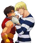  black_hair blonde_hair chain cody_travers eye_contact facial_hair final_fight gai_(final_fight) goroumaru_(galaxy2-3-6) grin hand_wraps height_difference looking_at_another male_focus multiple_boys muscle ninja prison_clothes smile street_fighter street_fighter_zero_(series) stubble yaoi 