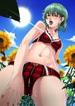  bare_shoulders blue_sky bow bra cloud collarbone day earrings fangs flower green_hair highres himegami_shino honey jewelry kazami_yuuka nail_polish navel open_mouth panties plaid plaid_bra plaid_panties red_eyes short_hair sky solo stomach suggestive_fluid sun sunflower sunlight sweat tongue tongue_out touhou underwear underwear_only 