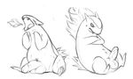  balls black_and_white blush crossed_arms dibs_(artist) erection eyes_closed feral fire humanoid_penis male monochrome nintendo nude open_mouth penis plain_background pok&eacute;mon pubes sitting sketch solo teeth typhlosion video_games white_background 