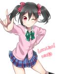  ;) \m/ bad_id bad_pixiv_id black_hair blue_skirt blush bow cardigan character_name copyright_name hair_bow hand_on_hip highres kashiko_(coupy) love_live! love_live!_school_idol_project nico_nico_nii one_eye_closed plaid plaid_skirt red_eyes short_hair simple_background skirt smile solo twintails white_background yazawa_nico 
