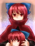  bow cape covered_mouth disembodied_head gradient gradient_background hair_bow highres holding_head koto_(shiberia39) light_frown long_sleeves looking_at_viewer red_eyes red_hair sekibanki short_hair solo sweatdrop touhou 