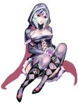  boots breasts capelet claw_(weapon) cleavage drill_hair elbow_gloves flower full_body gloves highres hood knee_boots kumiko_shiba large_breasts legs_together orb purple_eyes purple_legwear red_eyes rose short_hair silver_hair sitting solo soulcalibur soulcalibur_v thighhighs twin_drills viola_(soulcalibur) weapon 