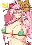  alternate_hairstyle bikini blush breasts collarbone face_mask hair_ribbon hata_no_kokoro highres huge_breasts mask navel new_mask_of_hope open_mouth pink_eyes pink_hair ribbon rindou_(p41neko) solo swimsuit touhou twintails underboob upper_body 