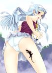  ass blue_hair blush hair_tubes hairband highres kannagi long_hair nagi open_mouth panties pleated_skirt pua purple_eyes salamander scared skirt solo standing underwear white_panties white_skirt 