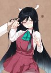  adjusting_hair ascot black_hair blush brown_eyes embarrassed hair_ribbon hayashimo_(kantai_collection) kantai_collection long_hair looking_away pantyhose pleated_skirt poco_(backboa) ribbon school_uniform simple_background skirt solo_focus very_long_hair wavy_mouth 