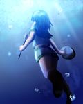  air_bubble blue_hair boots bubble facing_away freediving from_behind from_below hat hat_removed headwear_removed highres hishaku holding holding_hat koto_(shiberia39) light_rays murasa_minamitsu sailor_collar short_hair short_sleeves shorts solo sunbeam sunlight touhou underwater 