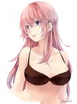  artist_name black_bra blue_eyes bra breasts cleavage kuronyanko large_breasts long_hair megurine_luka pink_hair smile solo underwear underwear_only vocaloid 