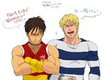  black_hair blonde_hair blush closed_eyes cody_travers crossed_arms facial_hair final_fight fishnets gai_(final_fight) goroumaru_(galaxy2-3-6) hand_wraps laughing multiple_boys muscle ninja prison_clothes street_fighter street_fighter_zero_(series) stubble translation_request 
