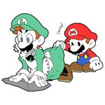  2boys blue_eyes brothers brown_footwear crossdressing dress dress_lift facial_hair ghost-pepper gloves lowres luigi maid mario mario_(series) multiple_boys mustache open_mouth overalls pantyhose shoes siblings simple_background super_mario_bros. sweatdrop white_background white_gloves 