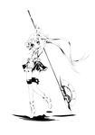  armpits arms_up boots detached_sleeves dress eien_no_aselia eternity_sword_series greyscale halberd highres hitomaru legs long_hair monochrome nimnthor_g_lasfolt polearm ponytail short_dress solo very_long_hair weapon 