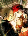  1girl alisa_ilinichina_amiella bare_shoulders beret black_gloves blue_eyes blush breasts elbow_gloves fingerless_gloves gloves god_eater god_eater_burst hat holding_hands kannagi_yuu_(god_eater) long_hair medium_breasts open_mouth plaid plaid_skirt player_(god_eater_burst) short_hair skirt suspender_skirt suspenders underboob white_hair 