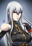  bare_shoulders black_gloves breasts daniel_macgregor gloves hair_between_eyes large_breasts lips long_hair looking_at_viewer md5_mismatch military military_uniform red_eyes selvaria_bles senjou_no_valkyria senjou_no_valkyria_1 silver_hair solo tsurime uniform upper_body very_long_hair 
