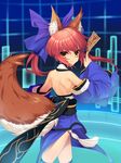  animal_ears back bare_shoulders bow detached_sleeves fate/extra fate_(series) fox_ears fox_tail hair_bow hair_ribbon japanese_clothes looking_at_viewer looking_back pink_hair ribbon solo tail tamamo_(fate)_(all) tamamo_no_mae_(fate) tangamja thighhighs twintails yellow_eyes 