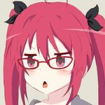  ahoge bespectacled blush bow chestnut_mouth cthugha_(nyaruko-san) frown glasses hair_bow hair_ribbon haiyore!_nyaruko-san red_eyes red_hair ribbon solo triangle_mouth twintails yasai_yuuki 