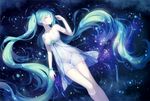  absurdres afloat aqua_hair blue_hair breasts cleavage closed_eyes covered_navel dress floating flower hatsune_miku highres long_hair long_legs lying nebula on_back see-through small_breasts solo star tidsean twintails vocaloid wakamezake 