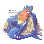  2015 alasurth ambiguous_gender black_sclera digitigrade garchomp male nintendo plain_background pok&eacute;mon reclining rock sharp_teeth smirk solo spikes spread_legs spreading teeth toned tongue tongue_out video_games white_background yellow_eyes 