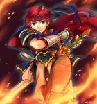  armor armored_dress bandana blue_armor blue_eyes boots cape fingerless_gloves fire fire_emblem fire_emblem:_fuuin_no_tsurugi flaming_sword gloves headband highres holding male_focus red_hair reverse_grip roy_(fire_emblem) serious solo super_smash_bros. sword weapon yuki_(sumaburalove) 