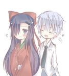  1boy 1girl akise_aru chibi couple eyes_closed kasugano_tsubaki mirai_nikki open_eyes simple_background smile 