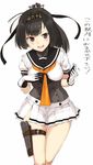  akizuki_(kantai_collection) black_hair headband jpeg_artifacts kantai_collection long_hair pleated_skirt poco_(backboa) ponytail school_uniform serafuku skirt solo translated 