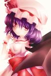  bat_wings cowboy_shot hand_up hat hat_ribbon highres komiru looking_at_viewer mob_cap puffy_short_sleeves puffy_sleeves purple_hair red_eyes remilia_scarlet ribbon short_hair short_sleeves simple_background skirt skirt_set smile solo touhou white_background wings wrist_cuffs 