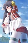  :o armor armpits black_hair blush breasts detached_sleeves hair_ornament headgear highres japanese_armor japanese_clothes large_breasts long_hair looking_at_viewer morioka_(oshiro_project) nipples odaodaoaoda oshiro_project red_eyes shoulder_armor skindentation sode solo thigh_strap 