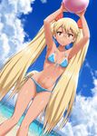  arms_up ball beach bikini blonde_hair blue_bikini blush breasts carrying_overhead cleavage commentary_request day dog_tail dripping dutch_angle front-tie_top glasses groin hair_ribbon halter_top halterneck highres holding holding_ball long_hair looking_at_viewer navel nigou open_mouth outdoors parted_lips retoree ribbon show_by_rock!! side-tie_bikini small_breasts solo standing swimsuit tail tan twintails very_long_hair water wet yellow_eyes 