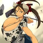  black_hair breasts cow_girl cow_girl_(hataraki) gigantic_breasts gloves gradient gradient_background hataraki_ari horns solo sukimi_(hataraki) yellow_eyes 