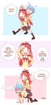  2girls 3koma :d ^_^ ^o^ all_fours arms_up carrying clenched_hand closed_eyes comic commentary english fang friedbun highres long_sleeves mahou_shoujo_madoka_magica miki_sayaka multiple_girls open_mouth piggyback plaid plaid_skirt running sakura_kyouko school_uniform sitting sitting_on_person skirt smile sparkle speech_bubble stitched sweat talking third-party_edit tooth upper_body 