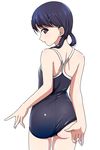  ass black_eyes black_hair competition_school_swimsuit cowboy_shot eyebrows_visible_through_hair from_behind highres matsunaga_kouyou one-piece_swimsuit original school_swimsuit short_hair solo swimsuit swimsuit_pull twintails 