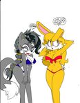  anthro big_breasts breasts bunnie_rabbot canine cleavage clothed clothing dialogue dreamcastzx duo english_text female fox lagomorph lupe mammal rabbit skimpy sonic_(series) swimsuit text 