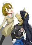  ahoge anthro black_hair blonde_hair clothed clothing duo ear_piercing equine female fleur-de-lis hair happy horse human hyo.ga jeans leather_jacket long_hair looking_at_viewer looking_back mammal open_mouth piercing skull smile yellow_eyes 